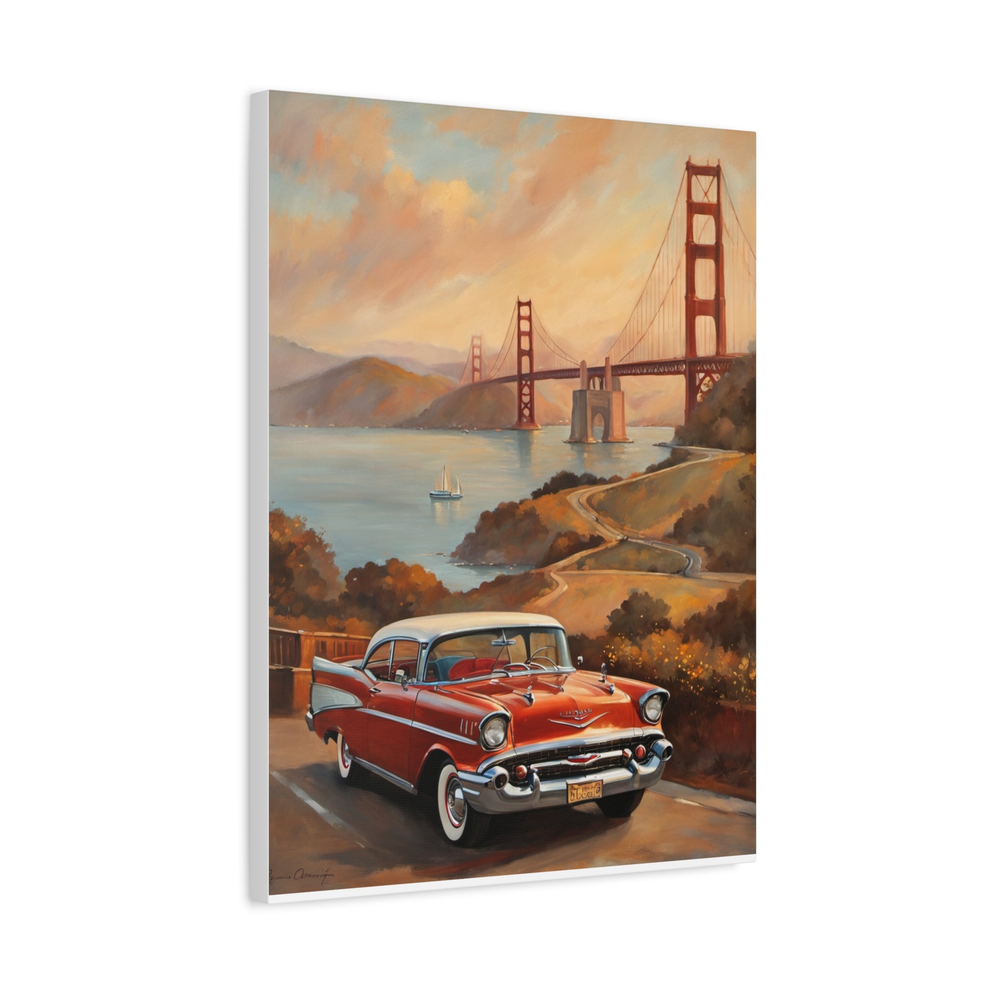 Beautiful canvas artwork featuring a vintage car near the Golden Gate Bridge, a perfect gift for car lovers