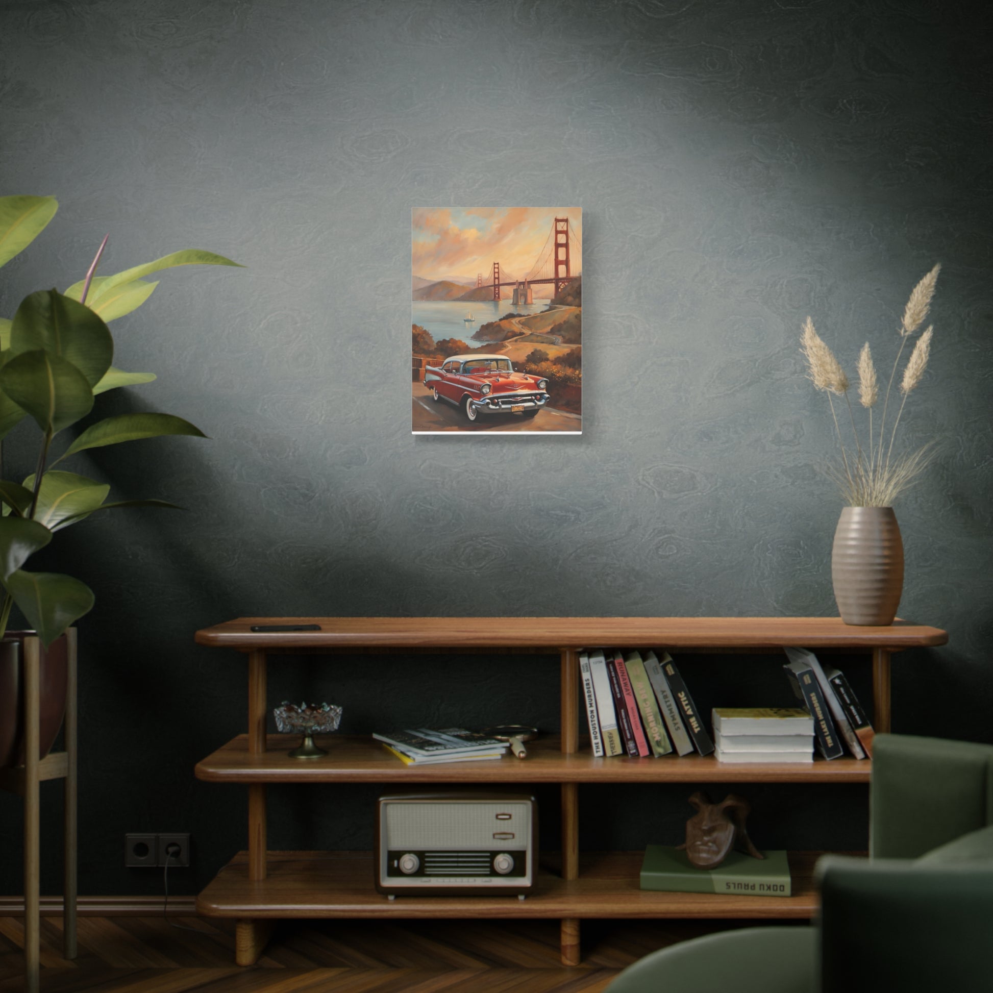 Canvas art featuring a vintage car and Golden Gate Bridge, perfect as a gift for car lovers