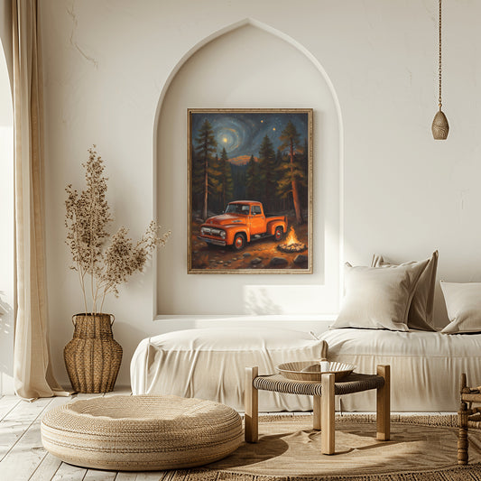 Glowing campfire forest artwork featuring a vintage orange truck and pine trees under a moonlit sky