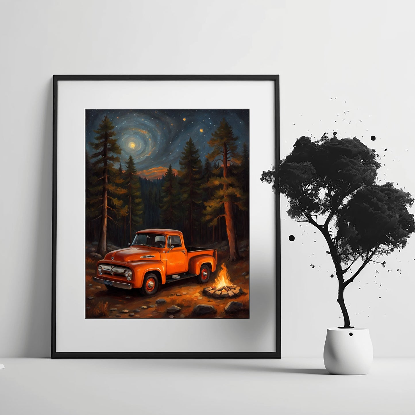 Framed glowing campfire forest artwork featuring an orange vintage truck under a starry night sky