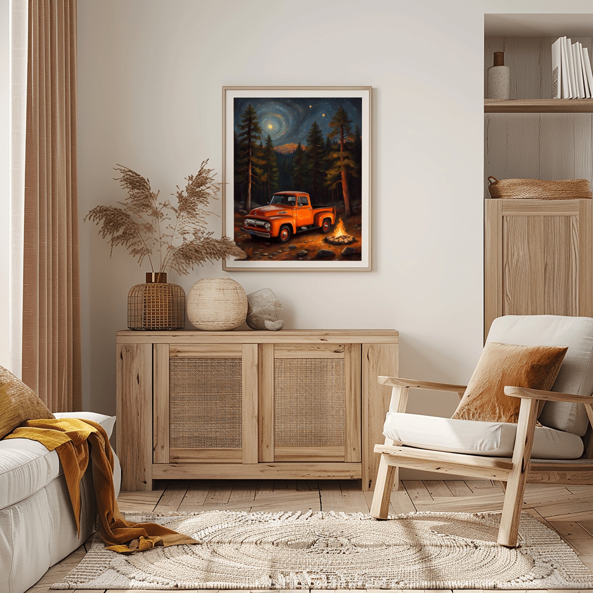 Glowing campfire forest artwork featuring an orange truck at night in cozy living room