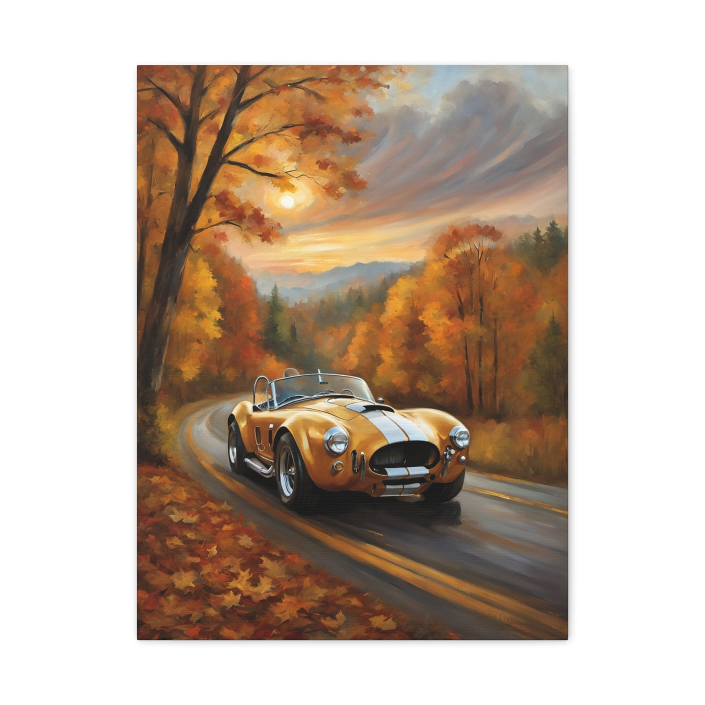 Golden Autumn Car Canvas featuring a yellow sports car driving through a colorful fall landscape