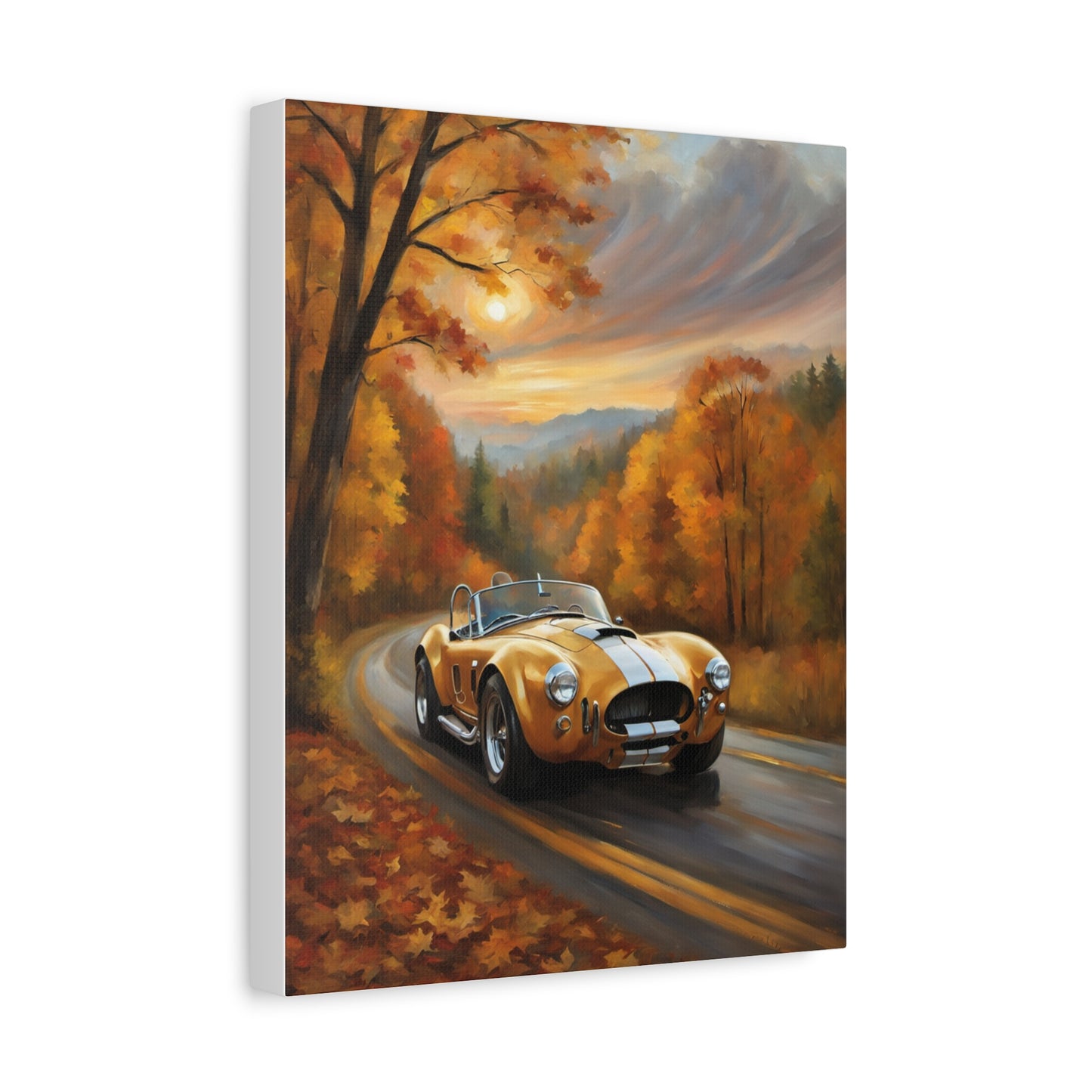 Golden Autumn Car Canvas featuring a classic car on a picturesque autumn road with colorful leaves