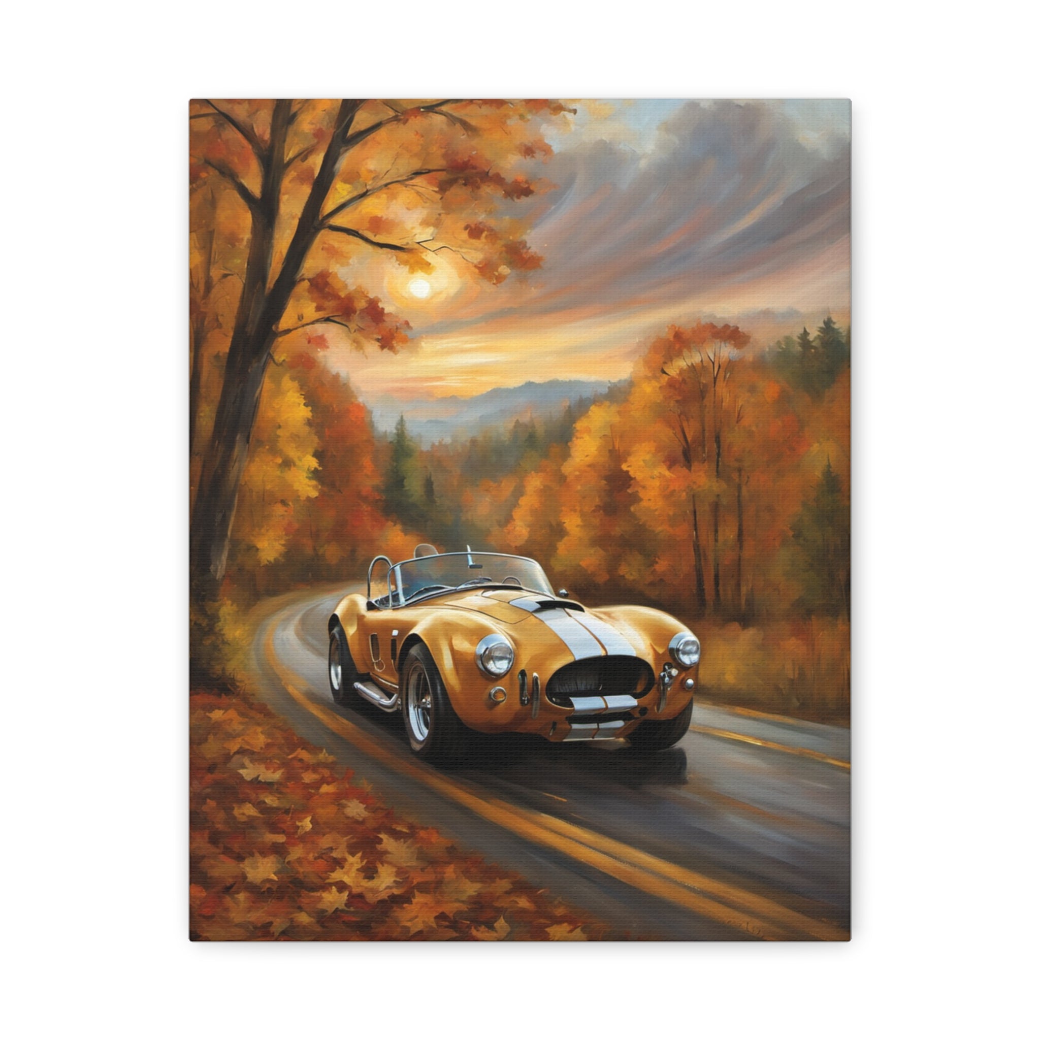 Golden Autumn Car Canvas featuring a vintage car driving through a scenic autumn landscape
