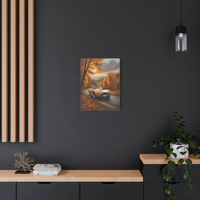 Golden Autumn Car Canvas featuring a stylish car driving through autumn foliage on a scenic road