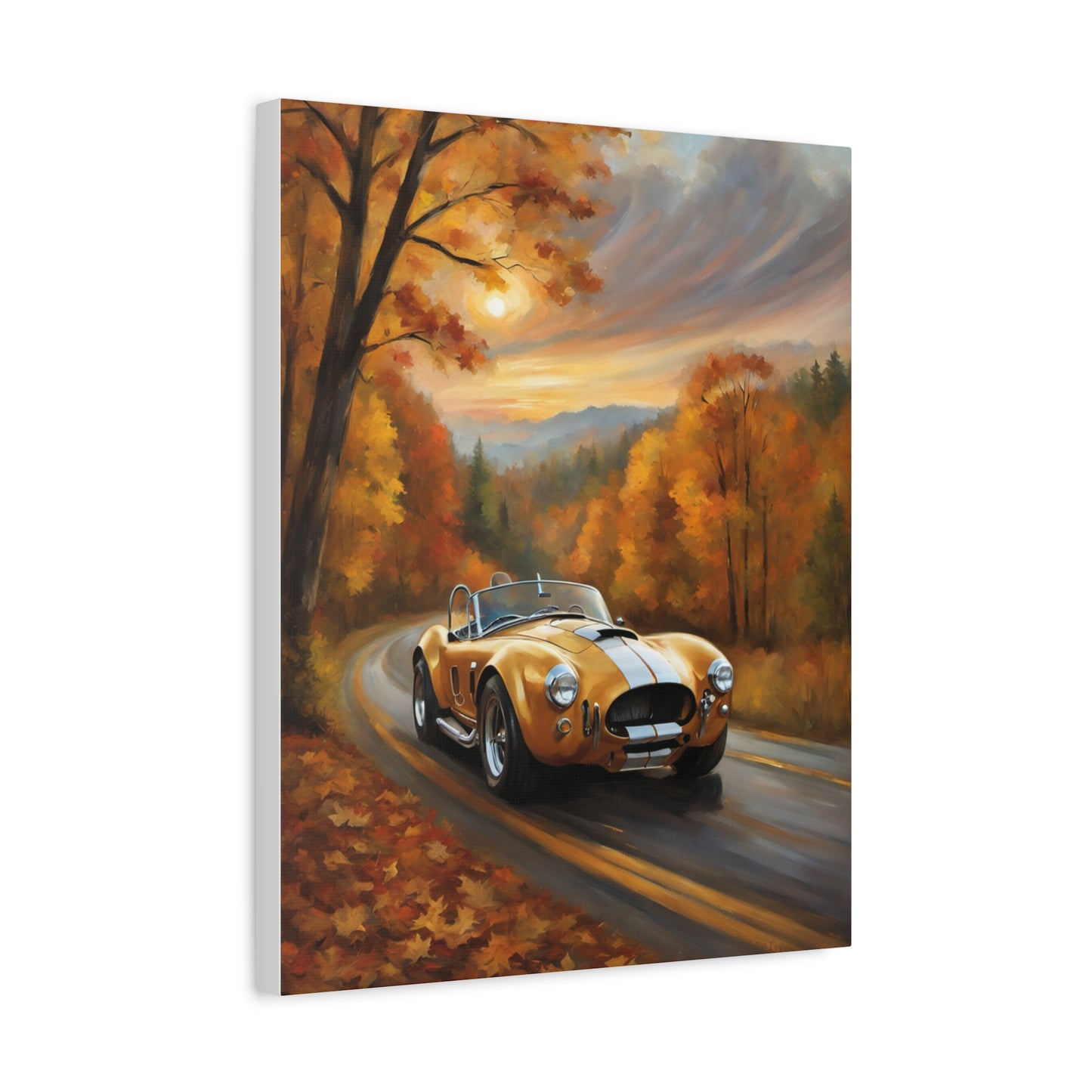 Golden Autumn Car Canvas featuring a classic car on a picturesque autumn road with vibrant fall foliage