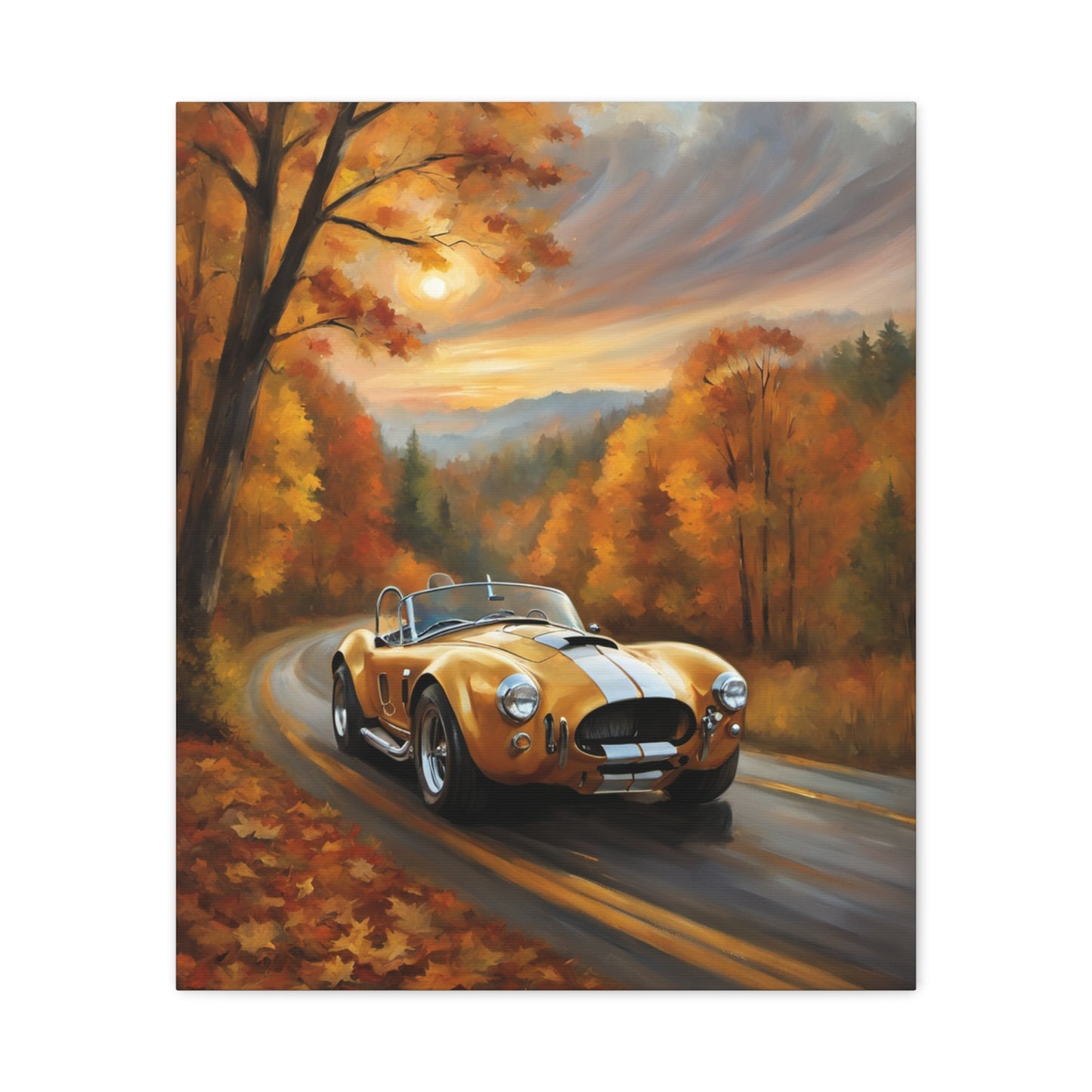 Golden Autumn Car Canvas featuring a classic car on a scenic fall road with colorful foliage