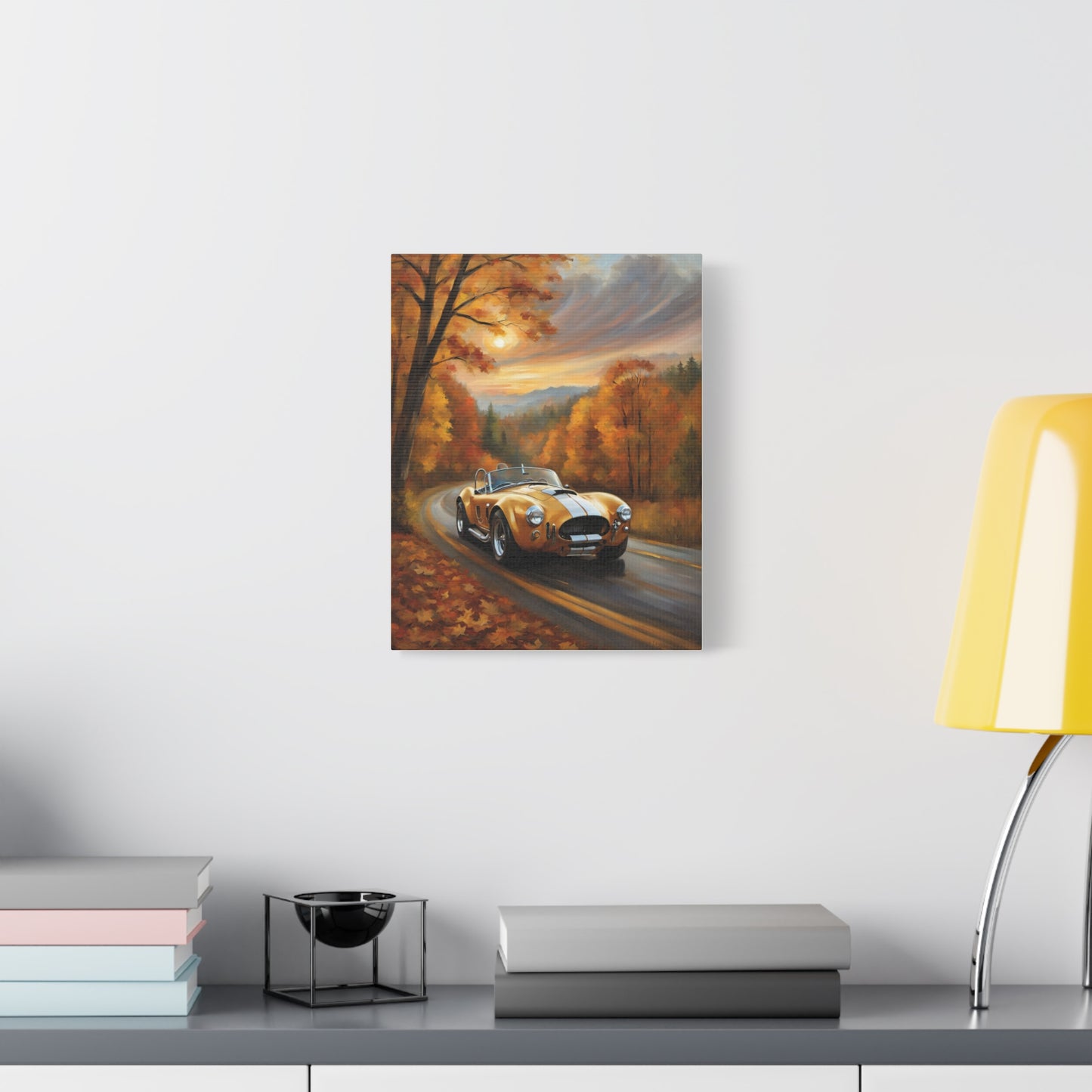 Golden Autumn Car Canvas featuring a old car on a scenic autumn road