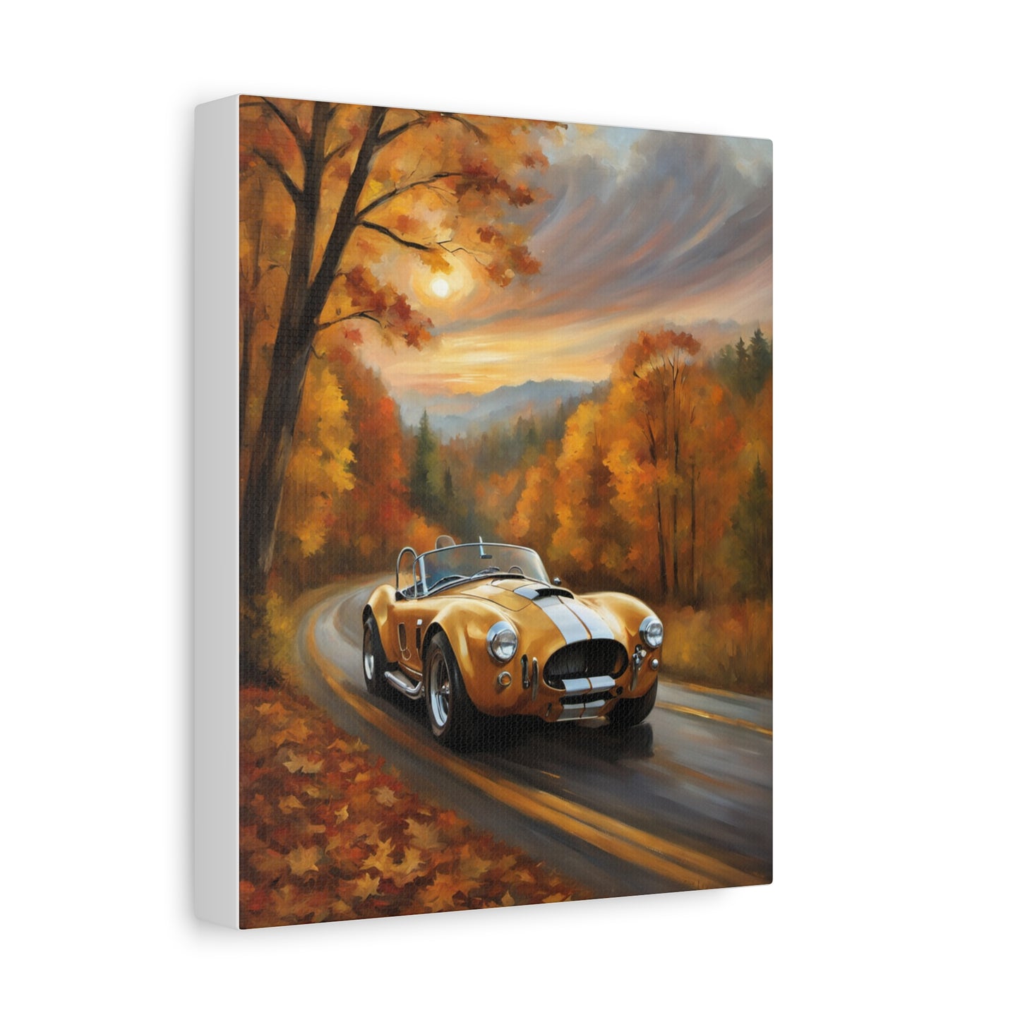 Golden Autumn Car Canvas featuring a classic car driving through an autumn landscape with colorful leaves