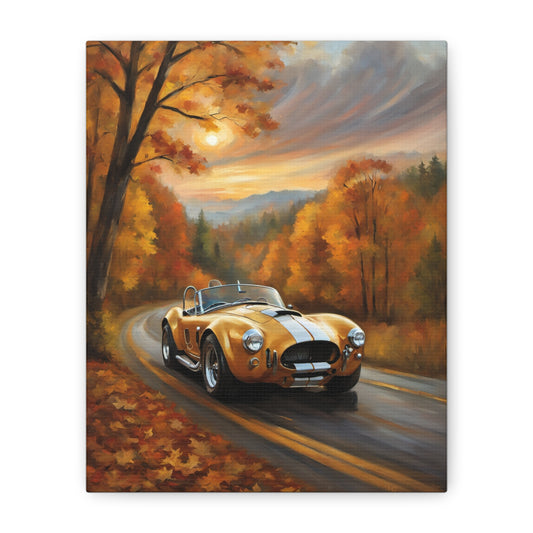 Golden Autumn Car Canvas featuring a classic yellow sports car on a scenic autumn road
