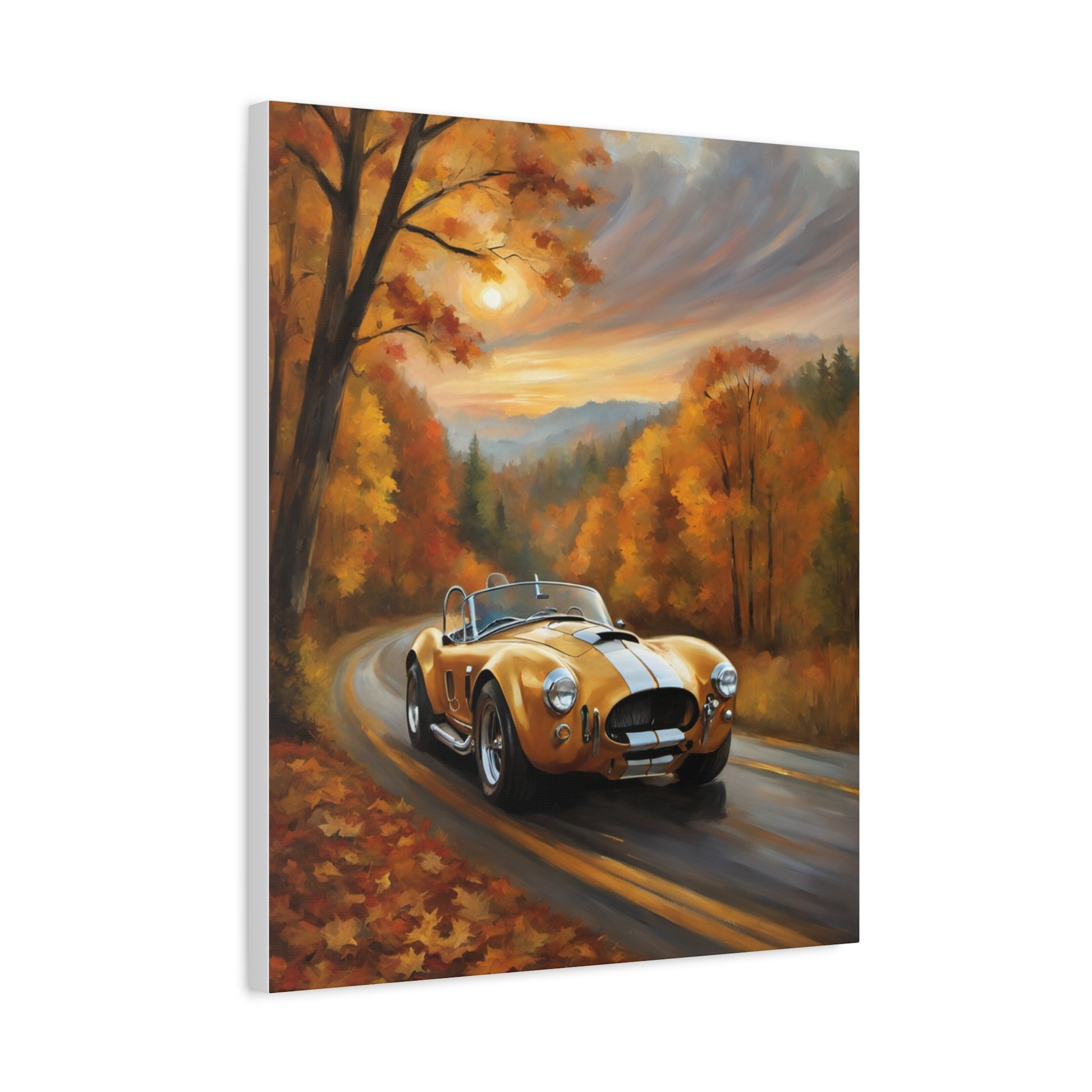 Golden Autumn Car Canvas featuring a vintage sports car on a scenic autumn road