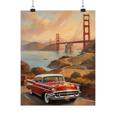 Vintage art print featuring the Golden Gate Bridge and a classic red car by the scenic bay