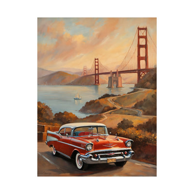 Golden Gate Bridge vintage art print featuring a classic car and scenic Bay views