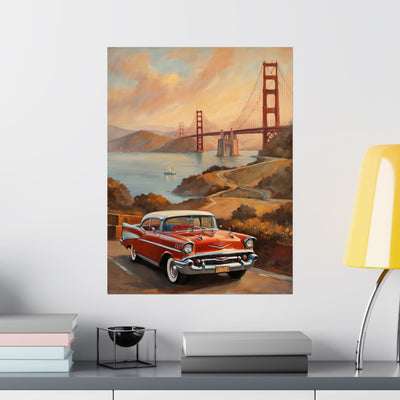 Golden Gate Bridge vintage art print featuring a classic red car with scenic background