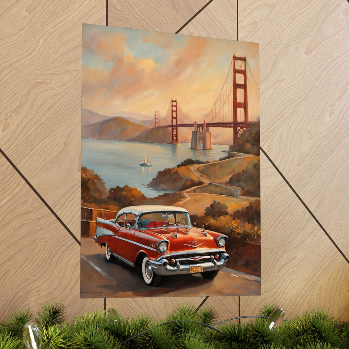 Golden Gate Bridge vintage art print featuring a classic car and scenic bay view