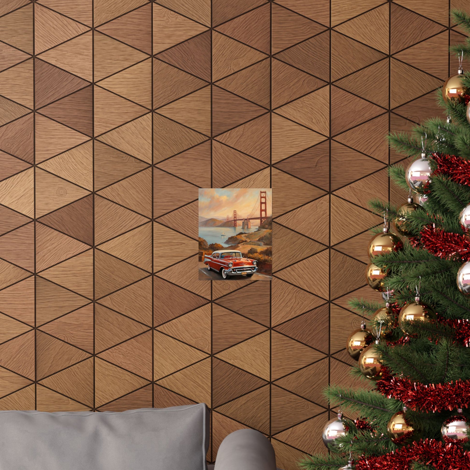 Golden Gate Bridge vintage art print displayed on a geometric wooden wall with a holiday tree