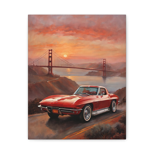 Golden Gate Sunset Wall Decor featuring a red Corvette with the Golden Gate Bridge at sunset