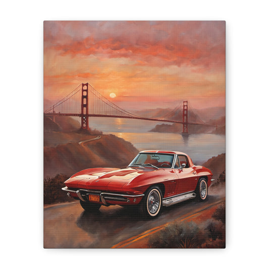 Vintage red Corvette with Golden Gate Bridge at sunset, perfect for Golden Gate Sunset Wall Decor