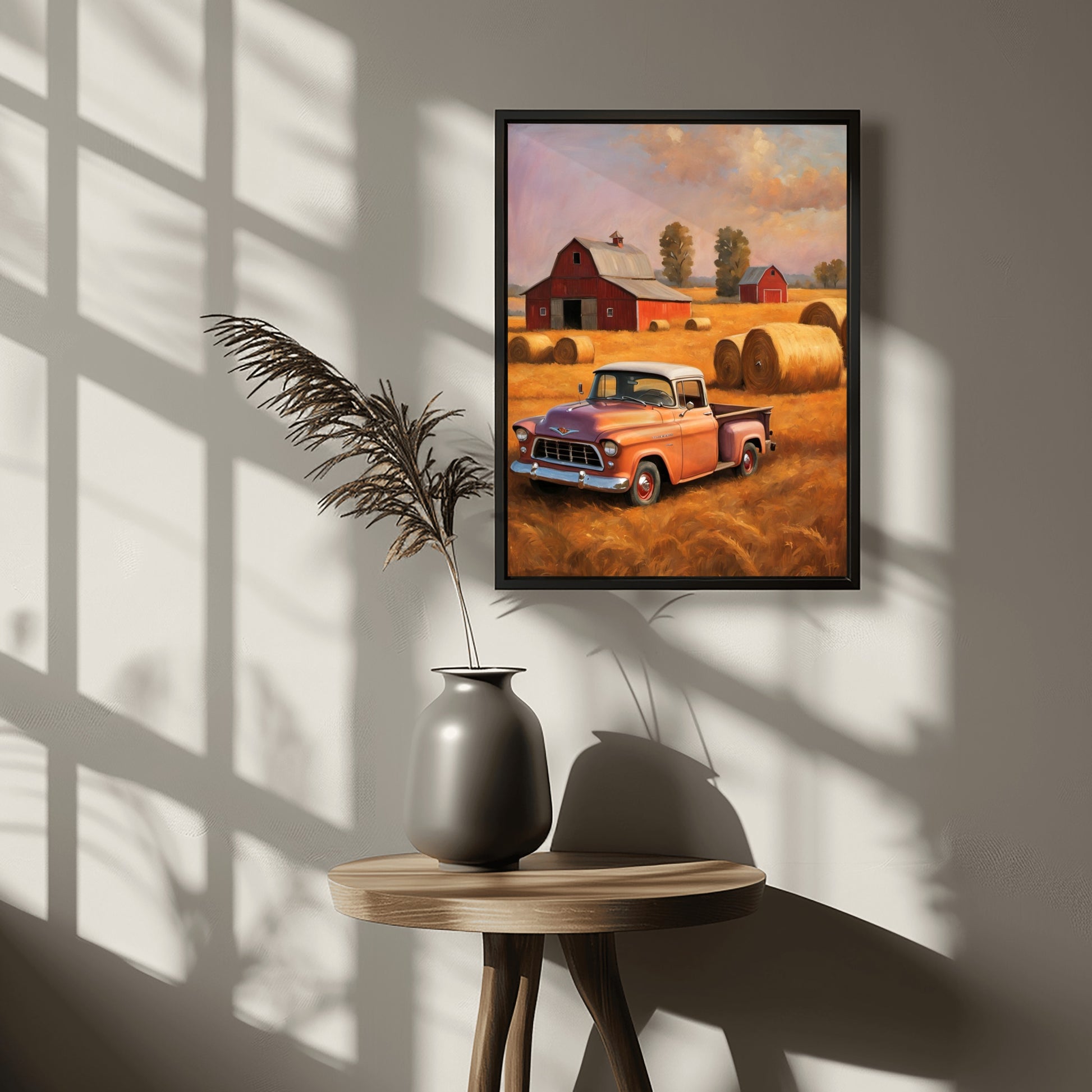 AquilVision golden harvest field wall art featuring a vintage truck with hay bales and barn in warm tones