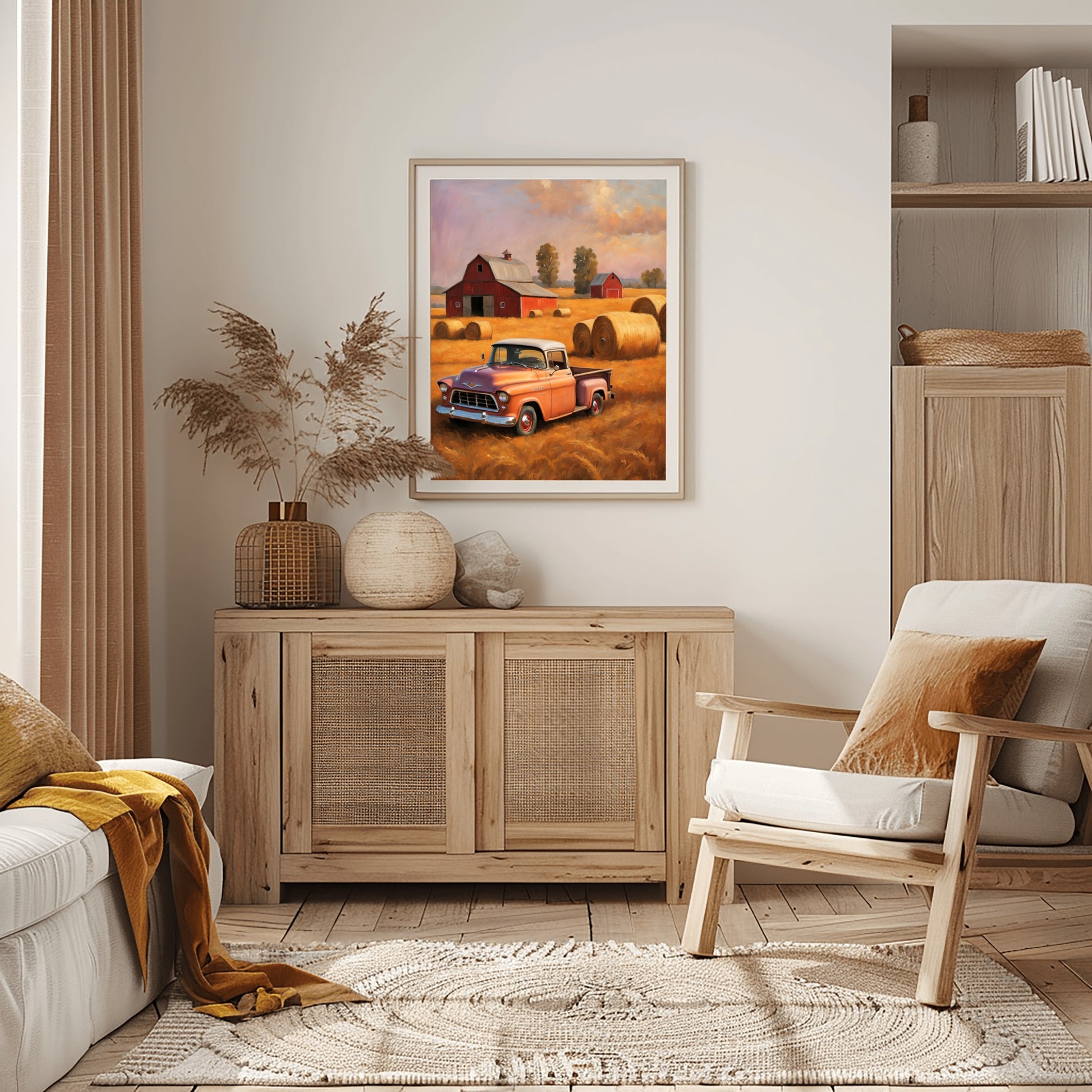 AquilVision golden harvest field wall art featuring vintage truck and hay bales in a rustic living room