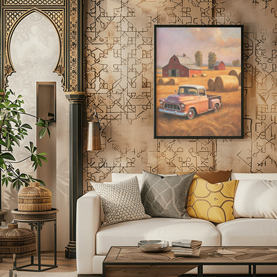Golden harvest field wall art featuring vintage truck and barn framed on living room wall by AquilVision