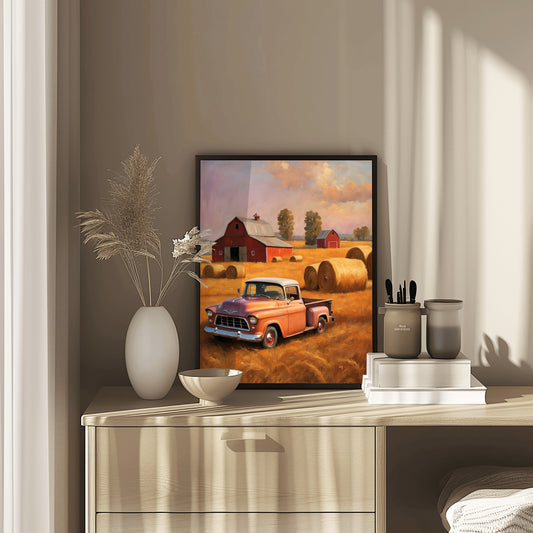 AquilVision digital golden harvest field wall art featuring a vintage truck and barn in a sunny countryside setting