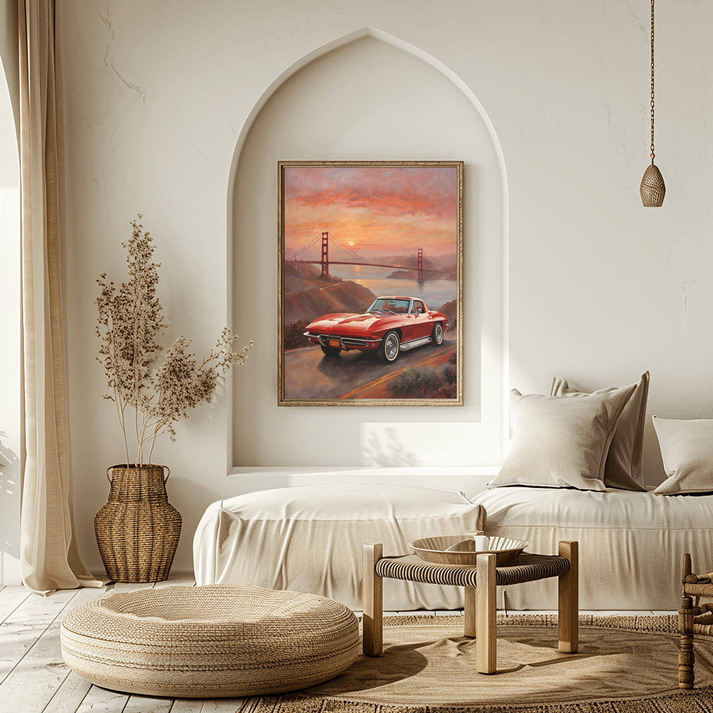 AquilVision digital print sunset bridge oil painting of a red vintage car on coastal road in neutral boho living room