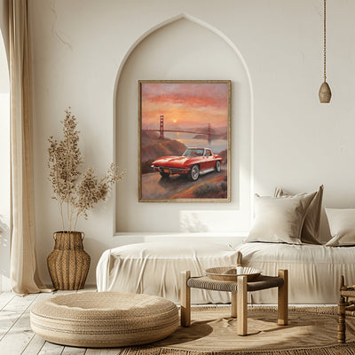 AquilVision digital print sunset bridge oil painting of a red vintage car on coastal road in neutral boho living room