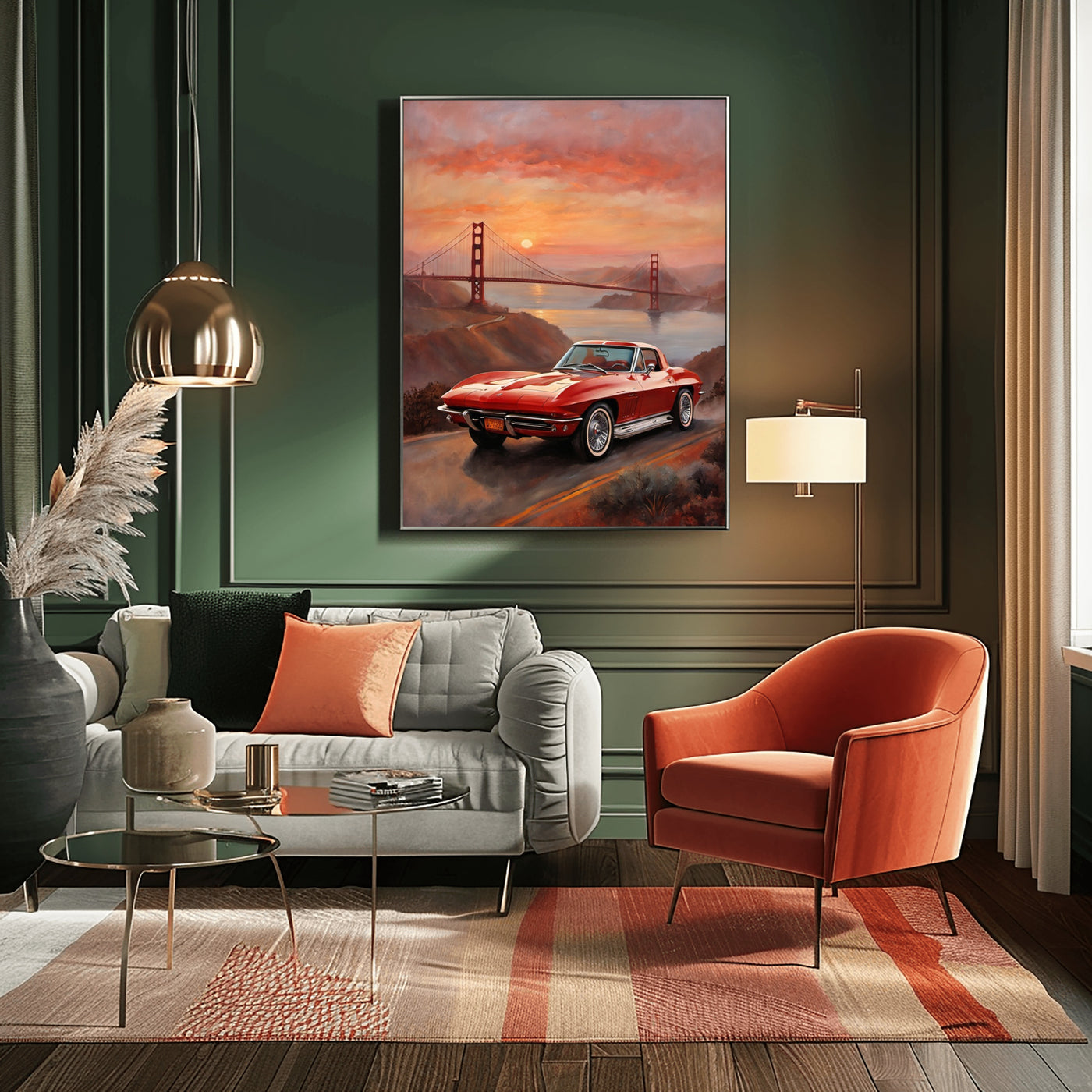AquilVision digital wall art showing a sunset bridge oil painting with a red vintage car for living room decor