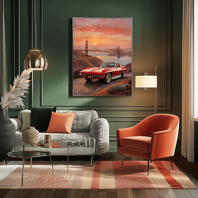 AquilVision digital wall art showing a sunset bridge oil painting with a red vintage car for living room decor