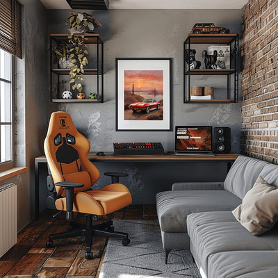 AquilVision digital art print of a sunset bridge oil painting framed over a gaming desk with orange chair