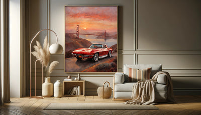 AquilVision digital sunset bridge oil painting of red classic car by Golden Gate in living room