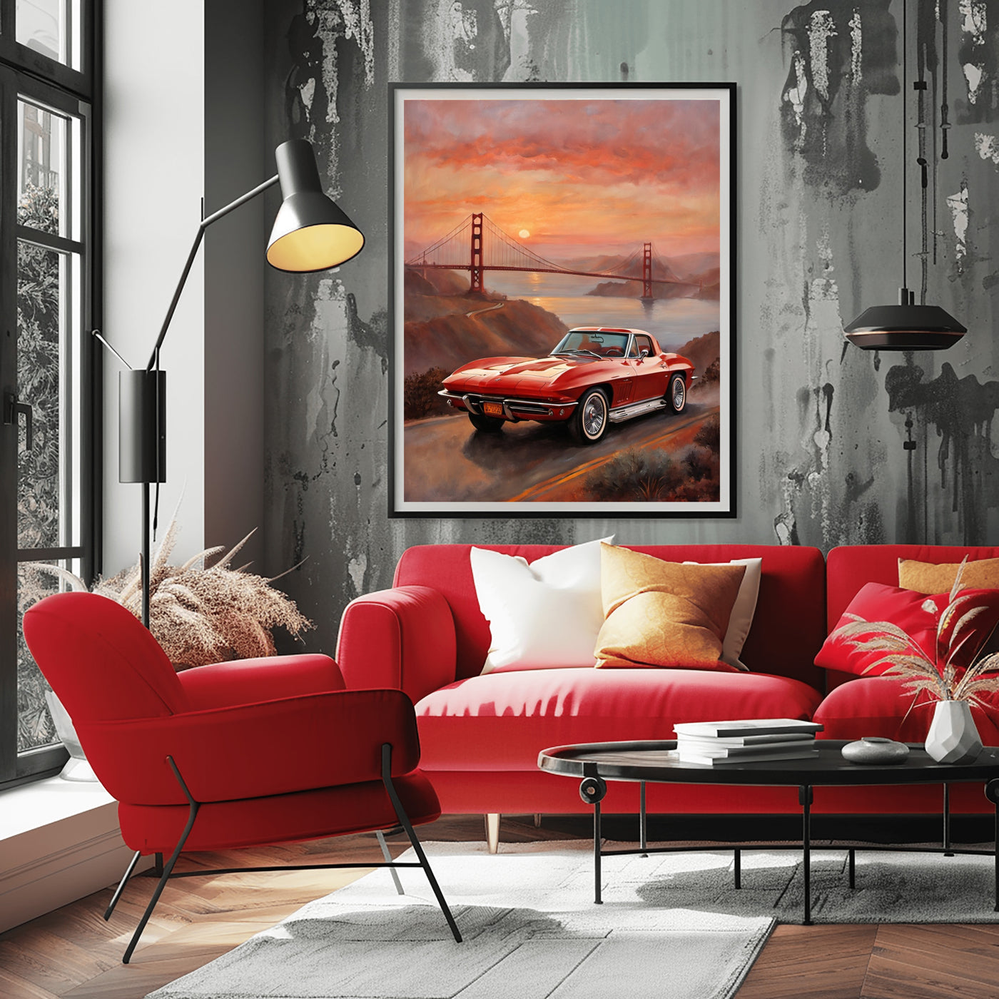 AquilVision digital print sunset bridge oil painting of a red classic car framed in modern living room