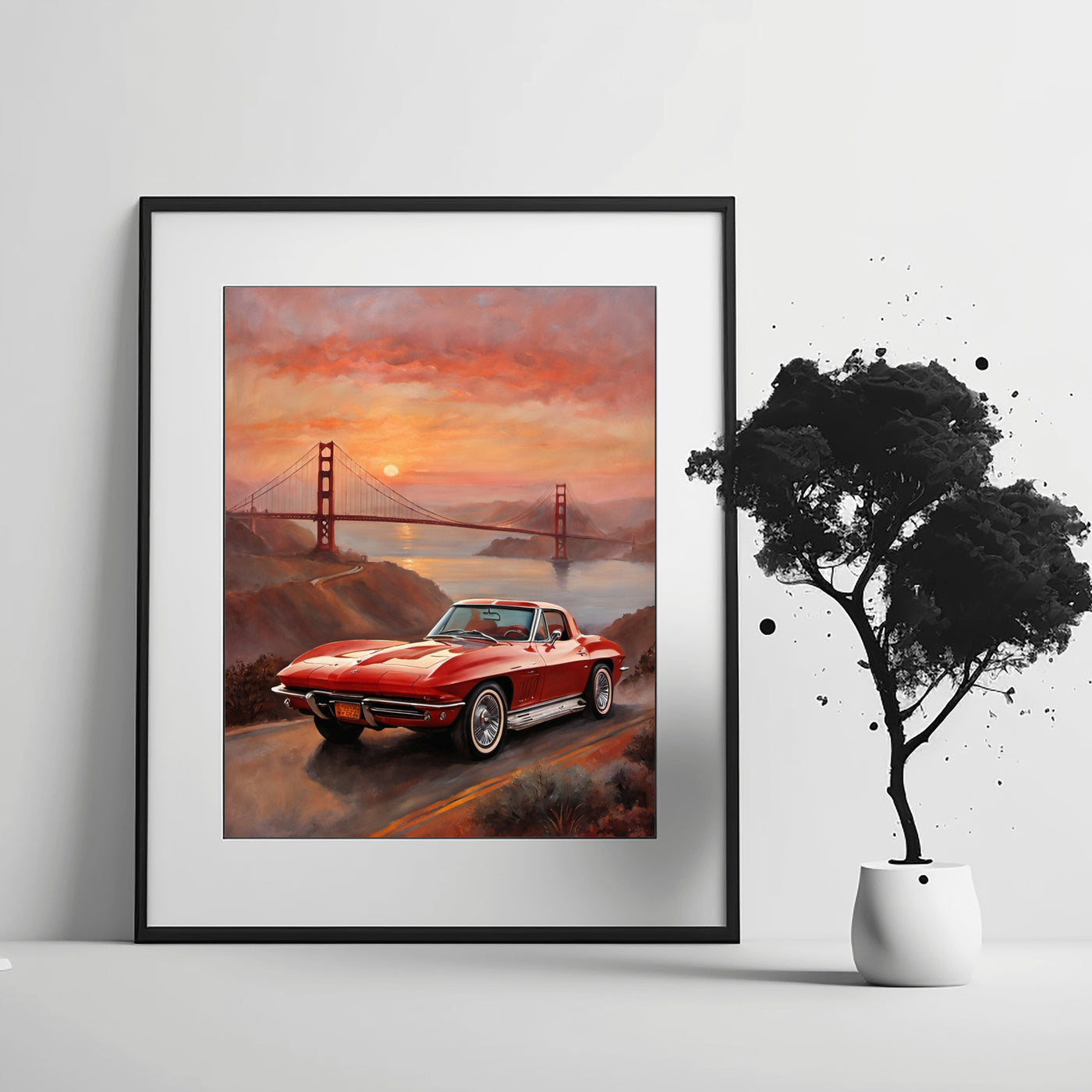 AquilVision framed digital sunset bridge oil painting of a red classic car near Golden Gate Bridge