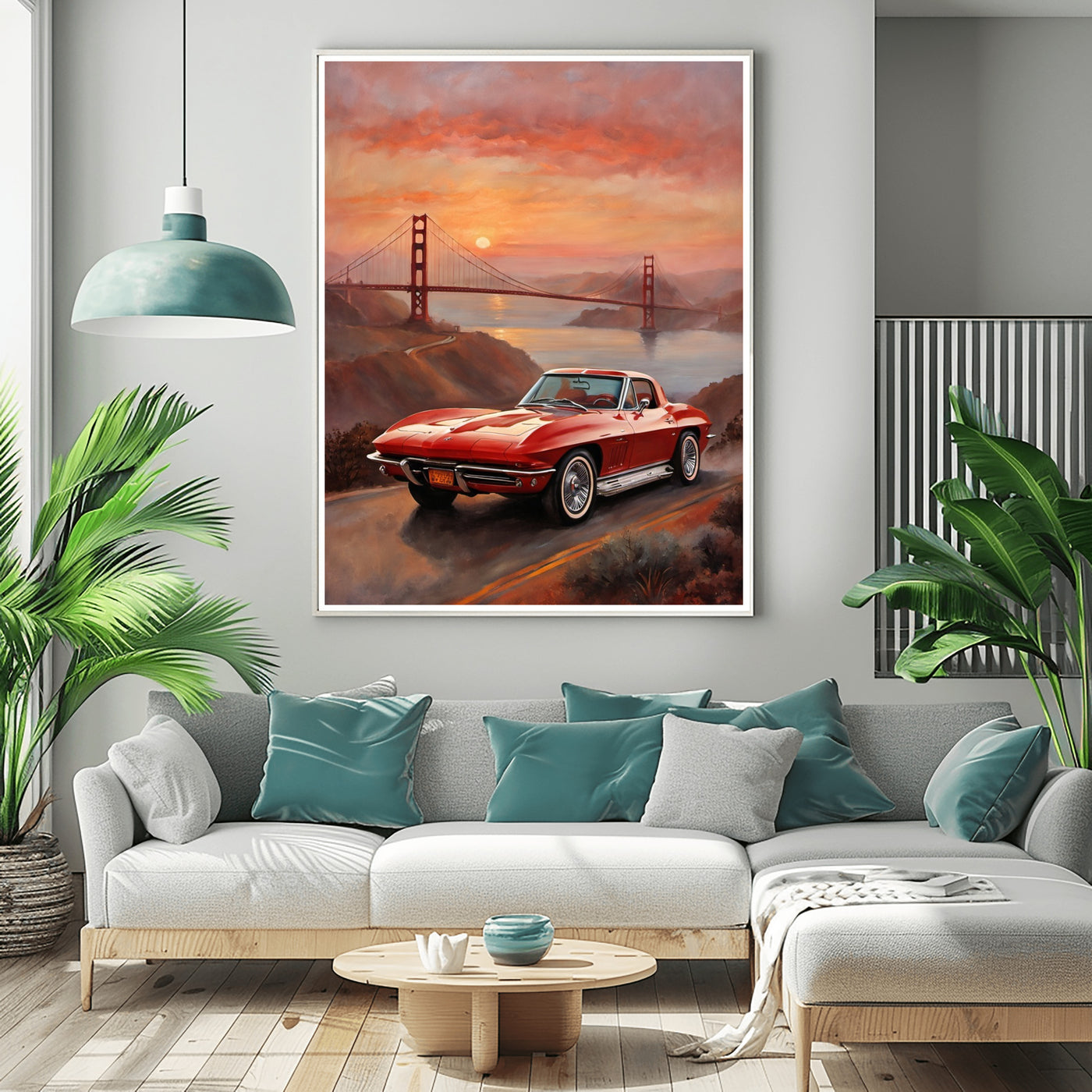 AquilVision sunset bridge oil painting featuring a red vintage car on a coastal road with bridge at sunset in living room