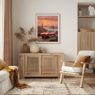 AquilVision digital framed print featuring a red vintage car by a sunset bridge oil painting in living room