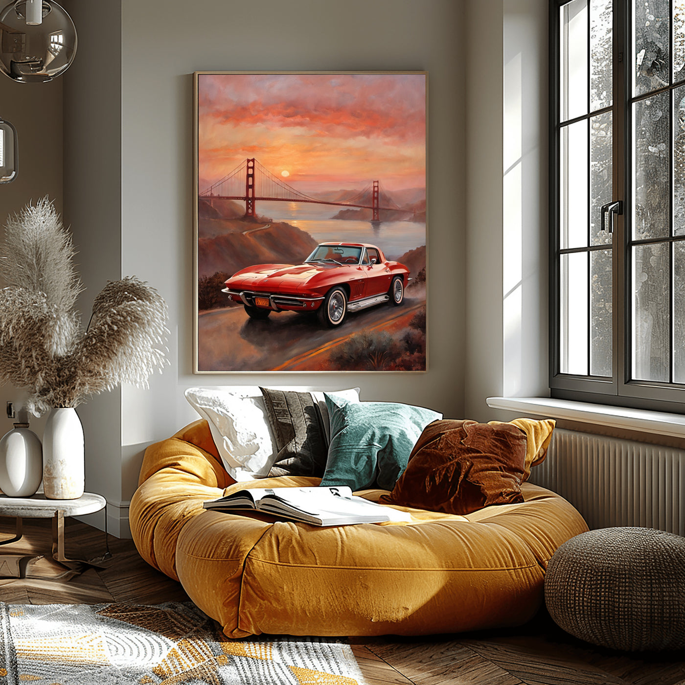 AquilVision digital print of sunset bridge oil painting featuring a red vintage car displayed above a cozy living room sofa