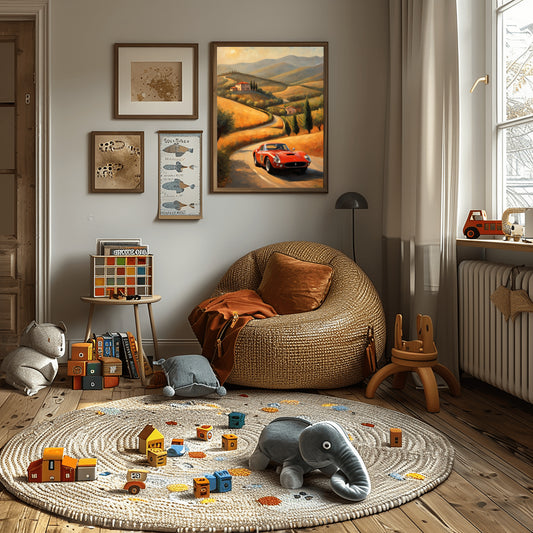 Cozy children's playroom featuring Italian hills canvas artwork by AquilVision above a wicker chair and toys on a round rug