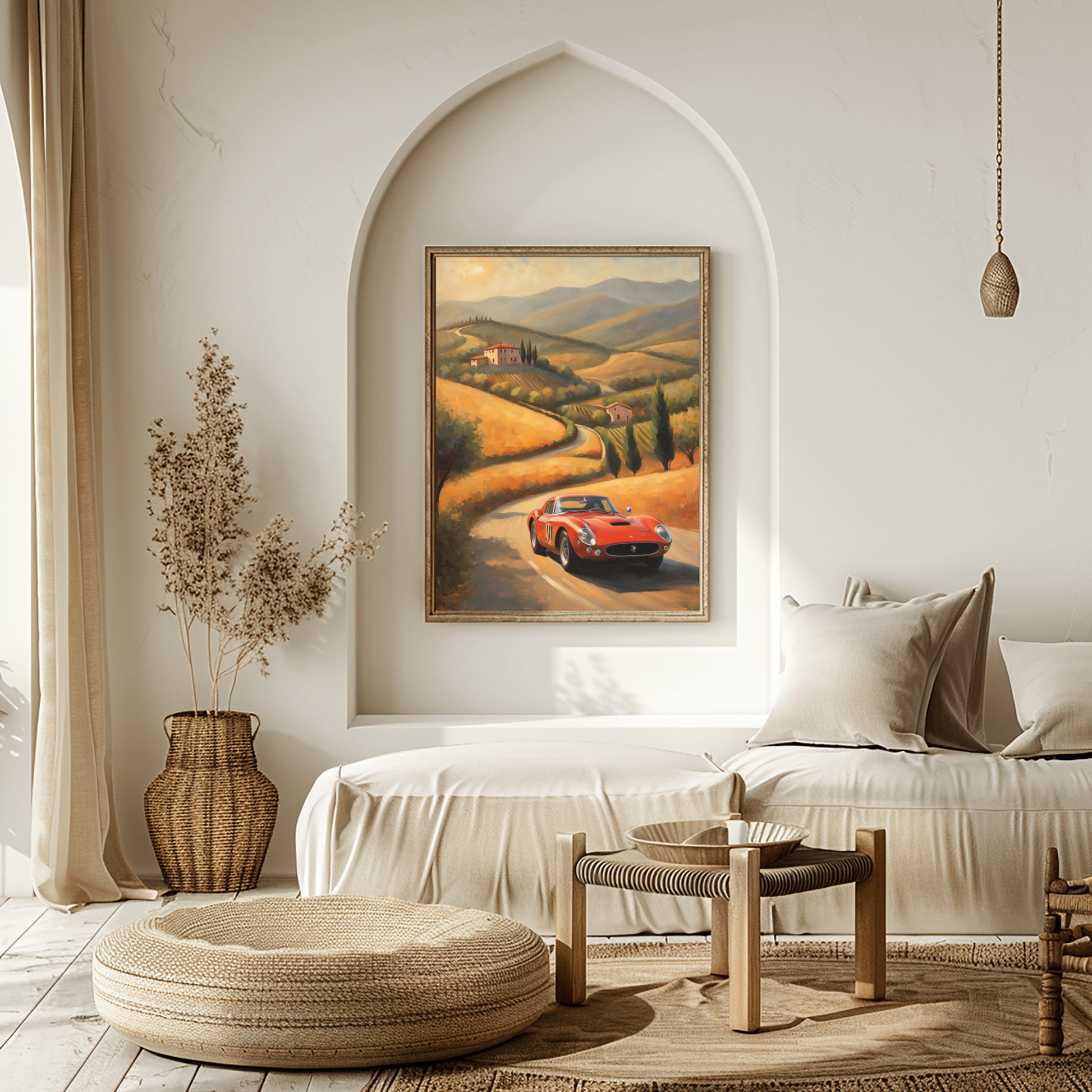 Italian hills canvas artwork by AquilVision showing a vintage red car on a winding road through rolling hills