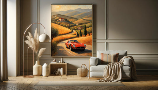 Italian hills canvas artwork featuring a red vintage car on a winding road in a scenic landscape