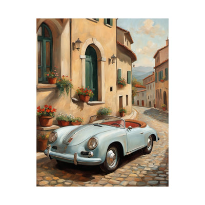 Italian landscape car poster featuring a vintage convertible parked on a cobblestone street