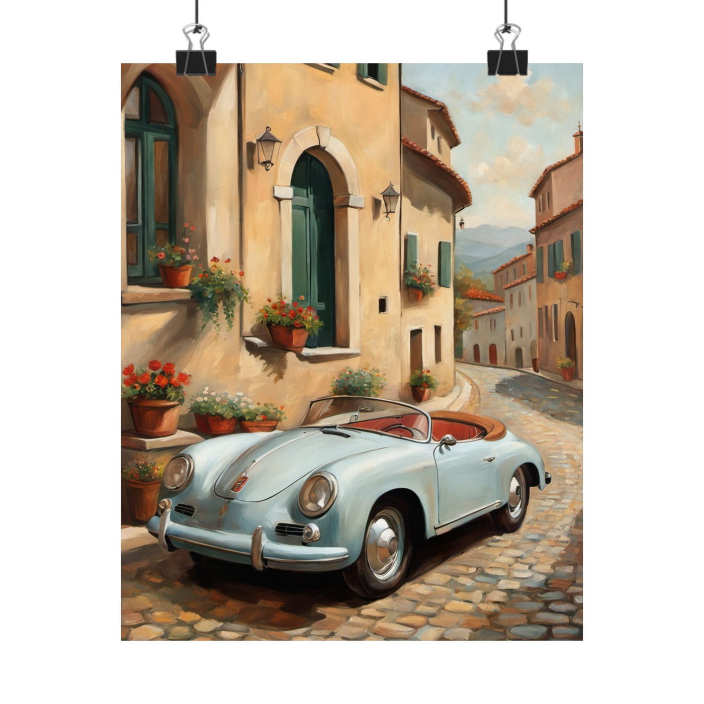 Charming Italian landscape car poster featuring a retro convertible on a cobblestone street