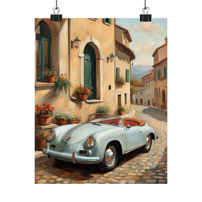 Charming Italian landscape car poster featuring a retro convertible on a cobblestone street