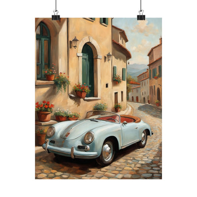 Italian landscape car poster featuring a vintage blue car on a charming cobblestone street