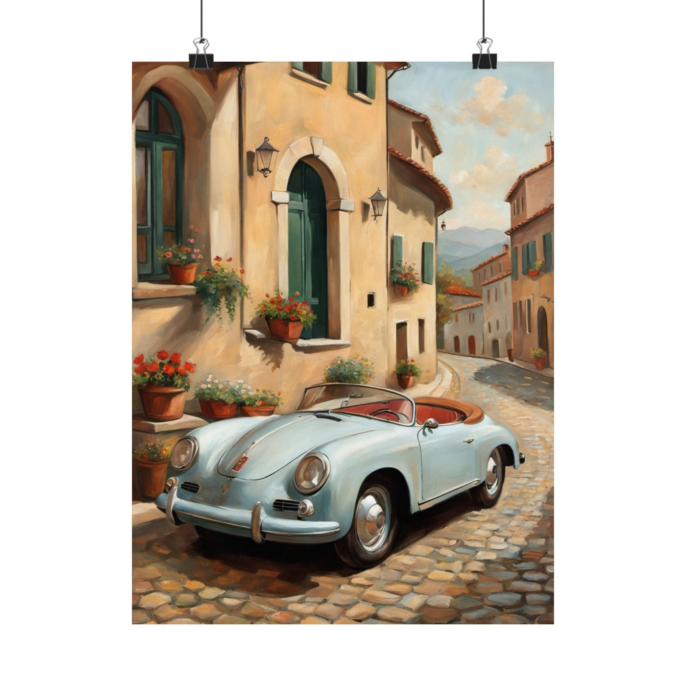 Italian landscape car poster featuring a vintage blue convertible on a cobblestone street