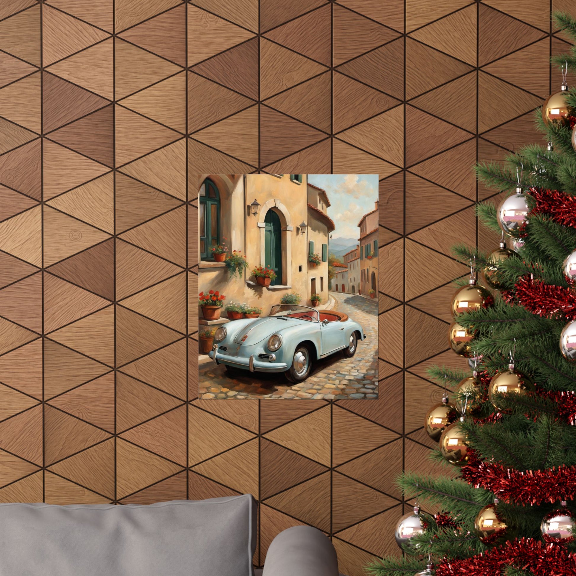Italian landscape car poster featuring a blue sports car parked in a scenic Italian village