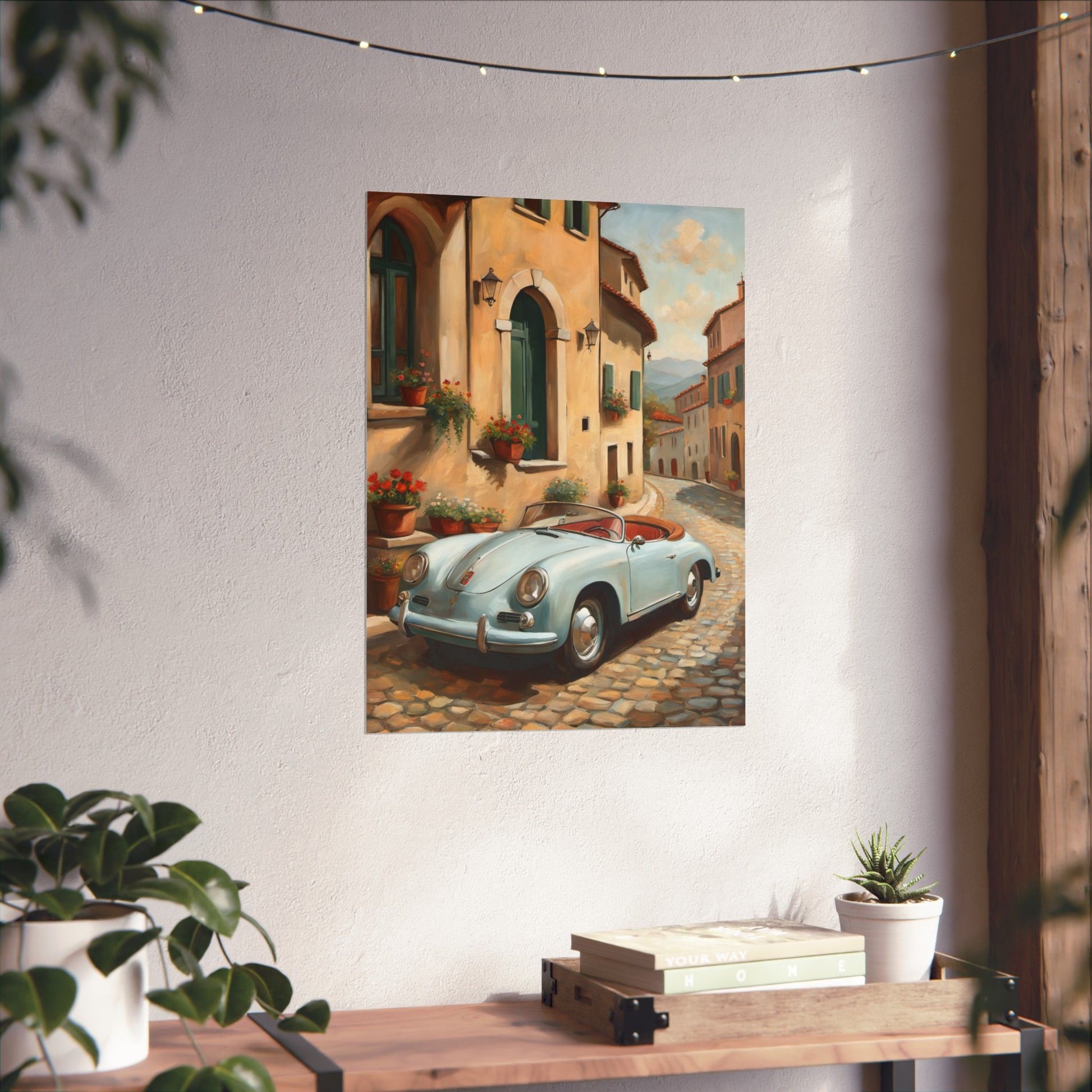 Italian landscape car poster featuring a vintage blue car in a picturesque street setting