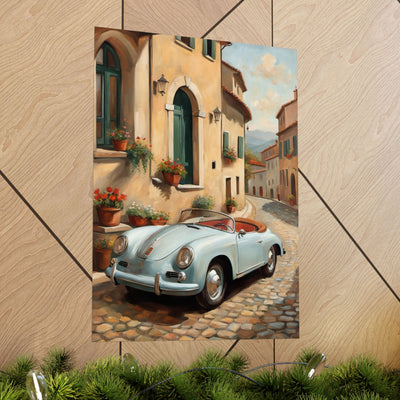 Italian landscape car poster featuring a classic blue sports car in a cobblestone street