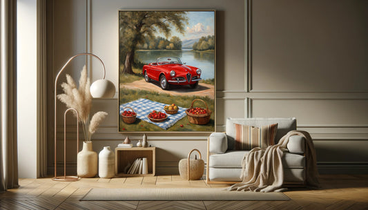 Lakeside picnic oil painting print by AquilVision featuring a red classic car and picnic scene