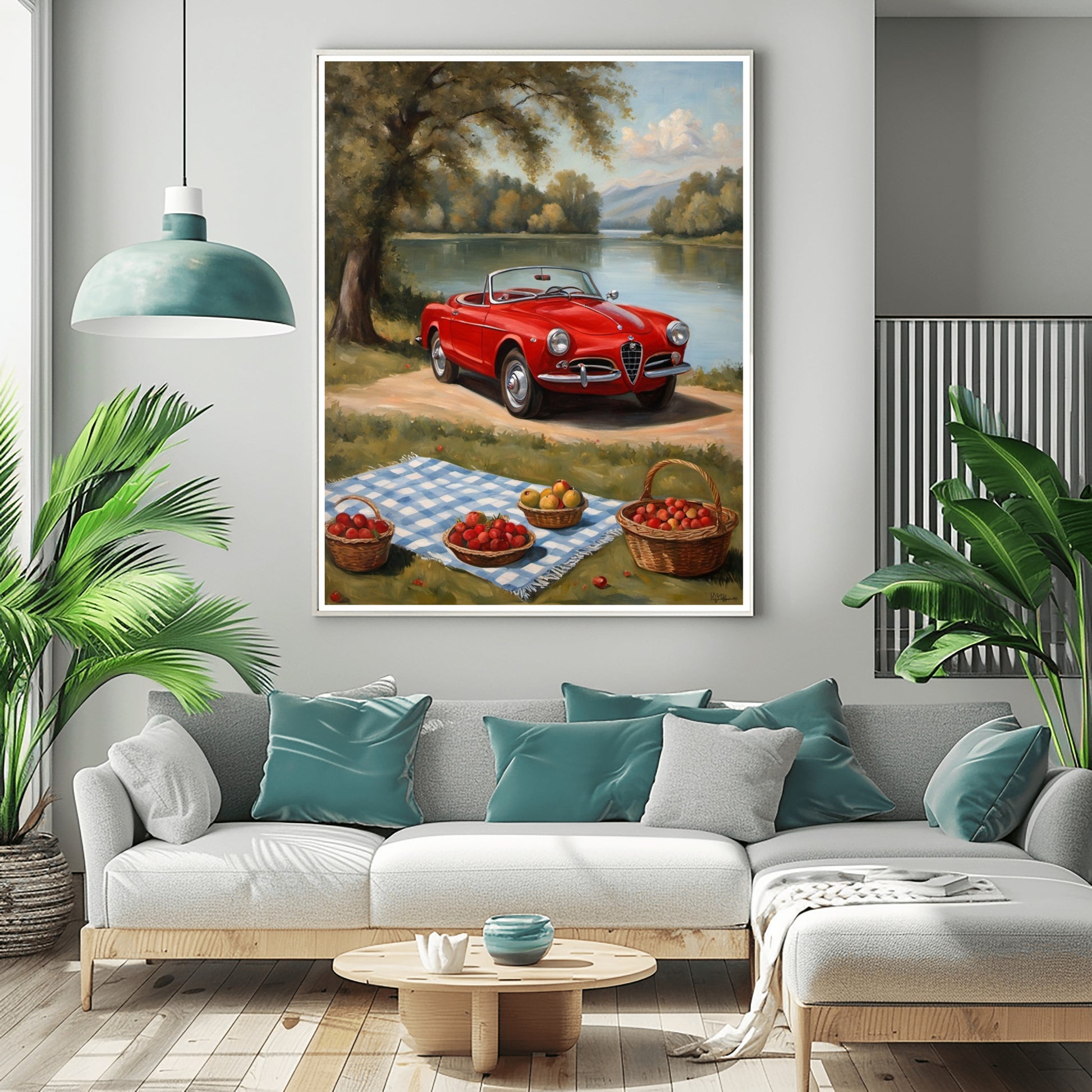 lakeside picnic oil painting print featuring a red vintage car by a lake with picnic baskets on a blue checkered blanket